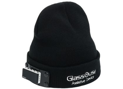 Black beanie with GlassOuse assistive device attached