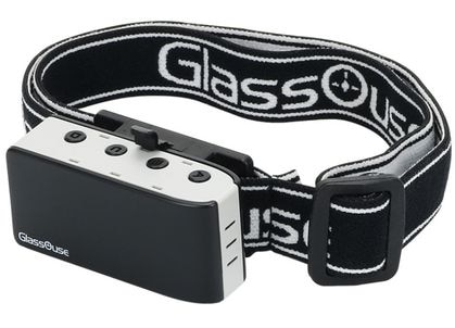 Black headband with GlassOuse assistive device attached